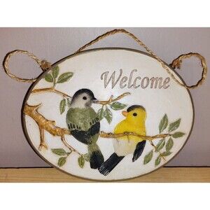 Ceramic Bird Welcome Sign Painted Decor Oval 7 x 5.5 with Twine Hanger